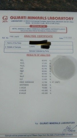 Gujrati Minerals Laboratory certificate, Beawar Rajasthan