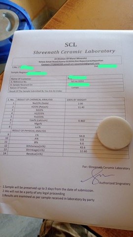 Ceramic lab test certificate with fired sample